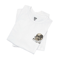 DailyThreadCo. white 100% cotton graphic t-shirt with a hand-drawn skull and rose design on the chest.
