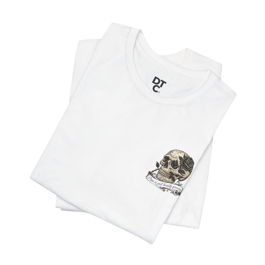 DailyThreadCo. white 100% cotton graphic t-shirt with a hand-drawn skull and rose design on the chest.
