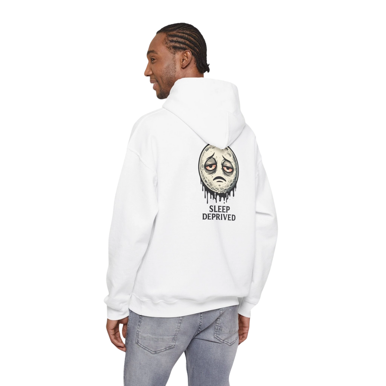 DailyThreadCo. white cotton-poly blend hoodie with a dripping moon graphic and "SLEEP DEPRIVED" text on the back.