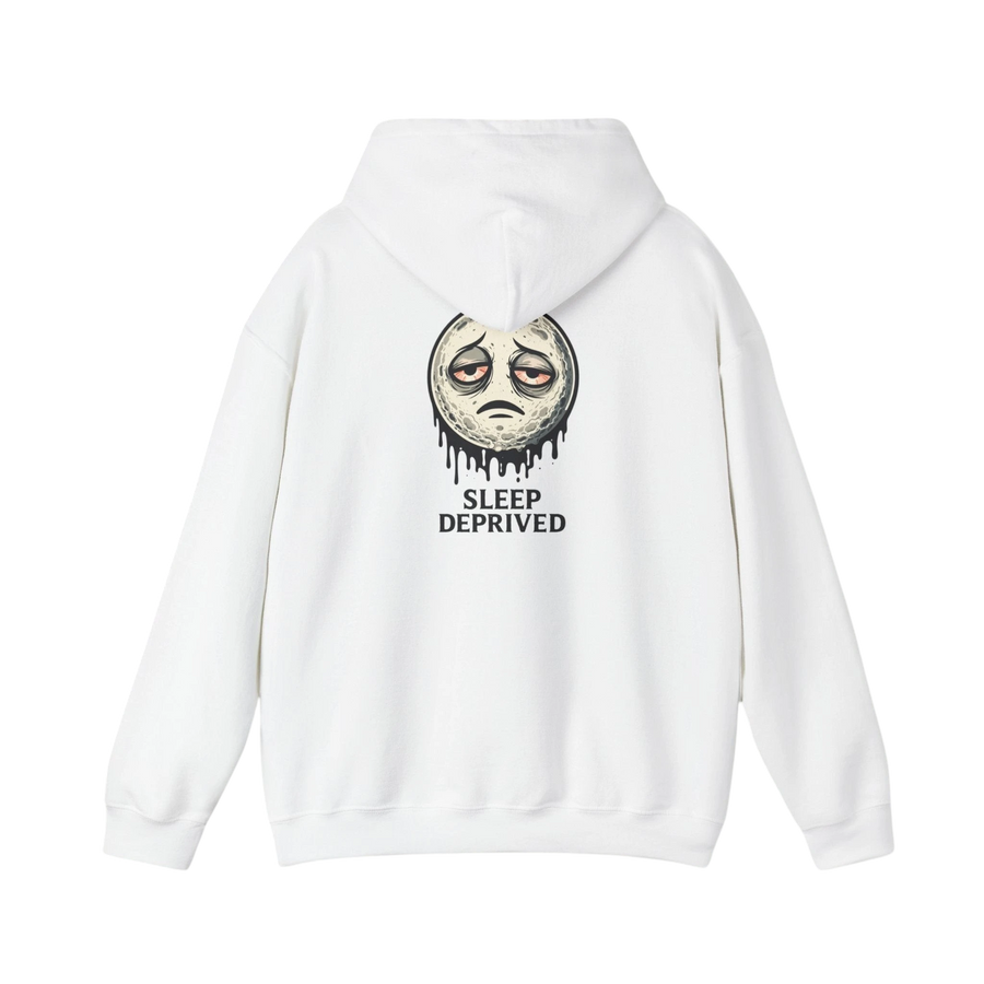 DailyThreadCo. white cotton-poly fleece hoodie with a dripping moon graphic and "SLEEP DEPRIVED" text on the back.