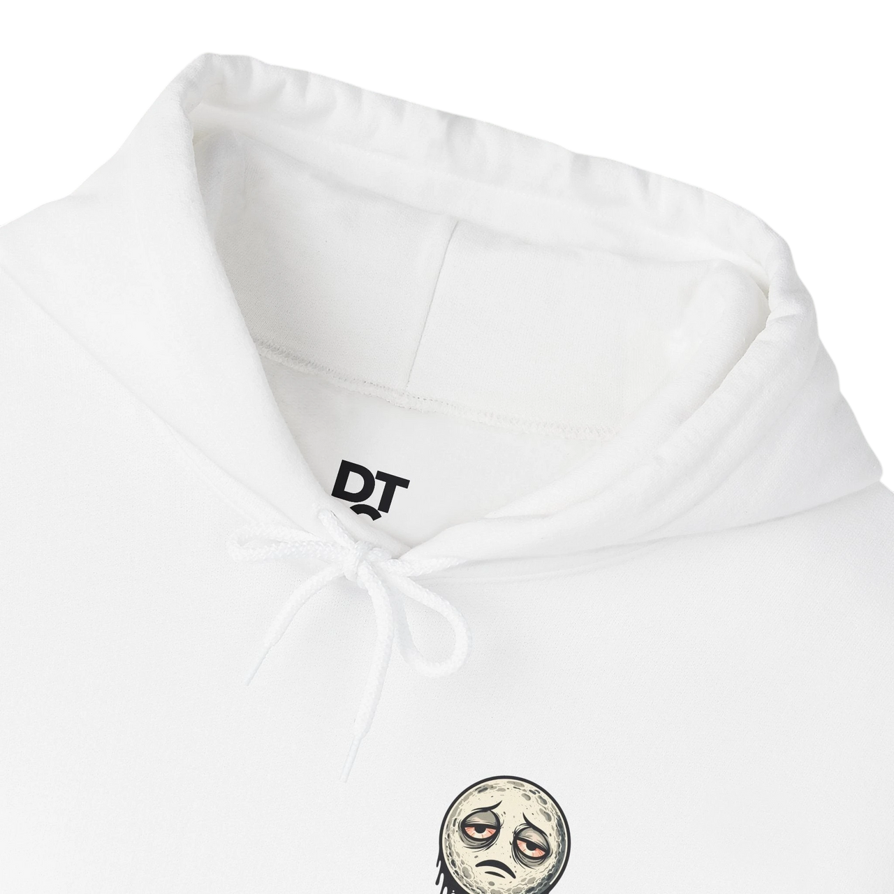 DailyThreadCo. white cotton-poly blend hoodie with a dripping moon graphic and "SLEEP DEPRIVED" text. Features a kangaroo pocket and drawstring hood.