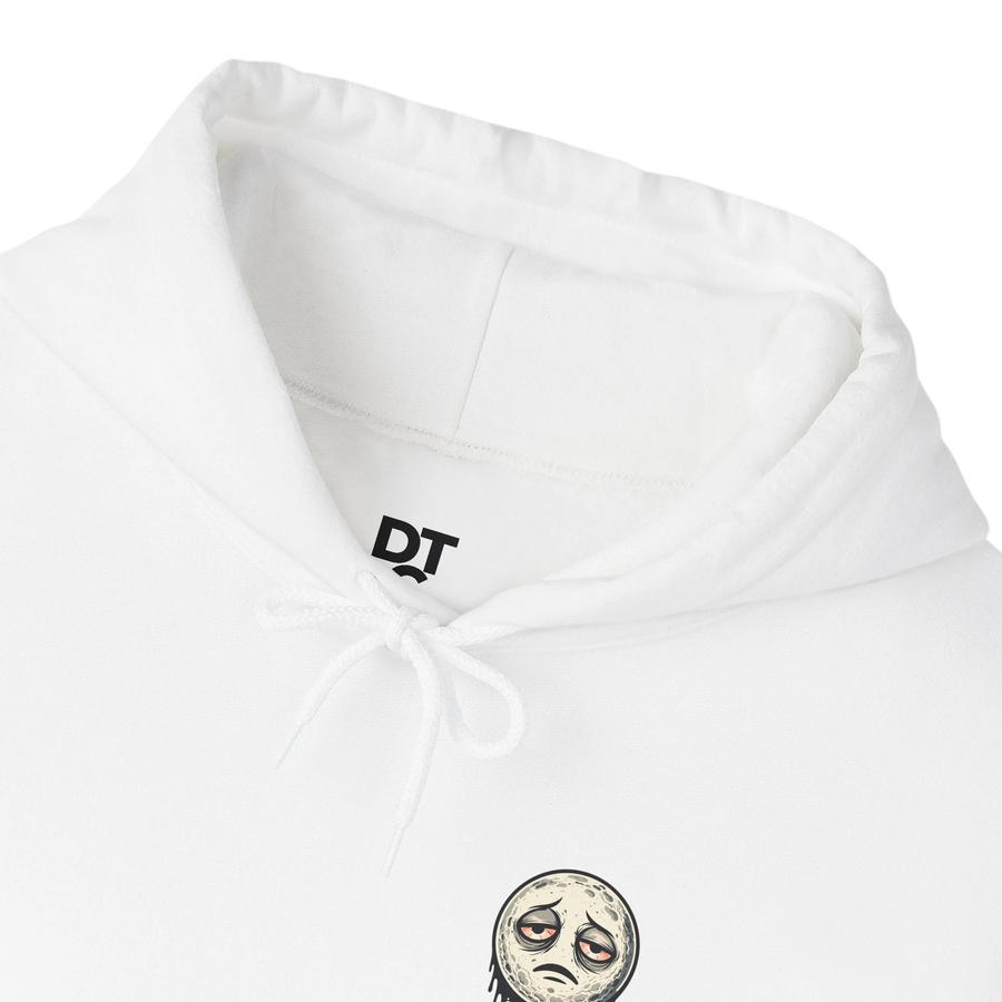 DailyThreadCo. white cotton-poly blend hoodie with a dripping moon graphic and "SLEEP DEPRIVED" text. Features a kangaroo pocket and drawstring hood.