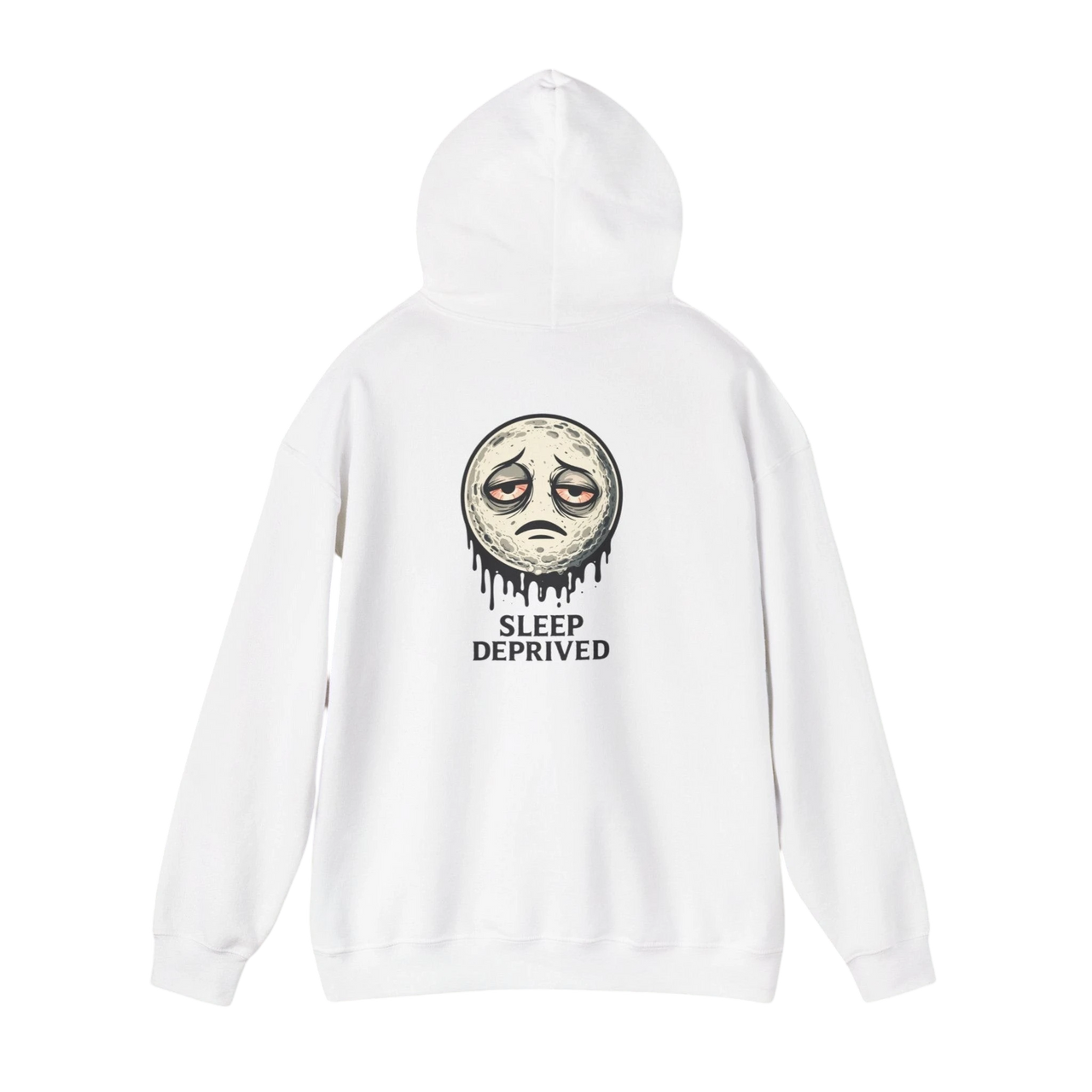 DailyThreadCo. white 50/50 cotton-poly fleece hoodie with a dripping moon graphic and "SLEEP DEPRIVED" text.