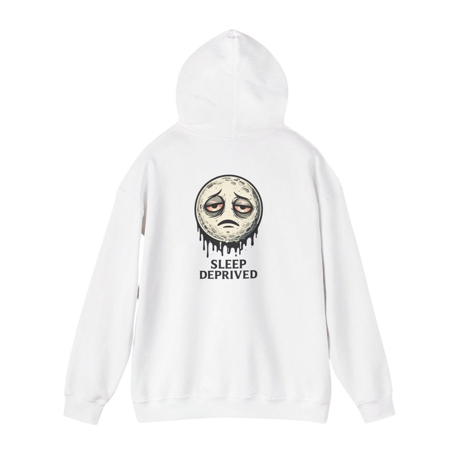 DailyThreadCo. white 50/50 cotton-poly fleece hoodie with a dripping moon graphic and "SLEEP DEPRIVED" text.