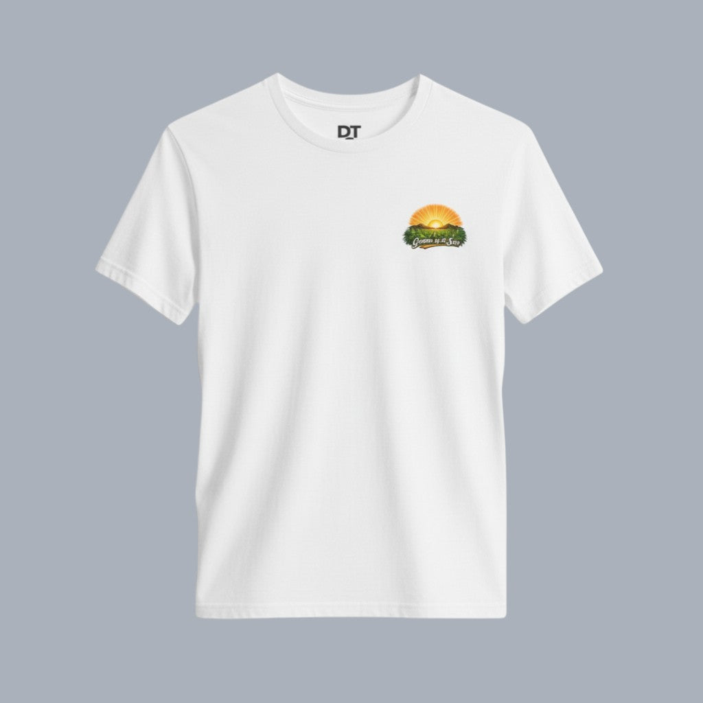 DailyThreadCo. white 100% Airlume cotton t-shirt with a vintage sunrise farming graphic on the back and chest.