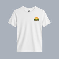 DailyThreadCo. white 100% Airlume cotton t-shirt with a vintage sunrise farming graphic on the back and chest.