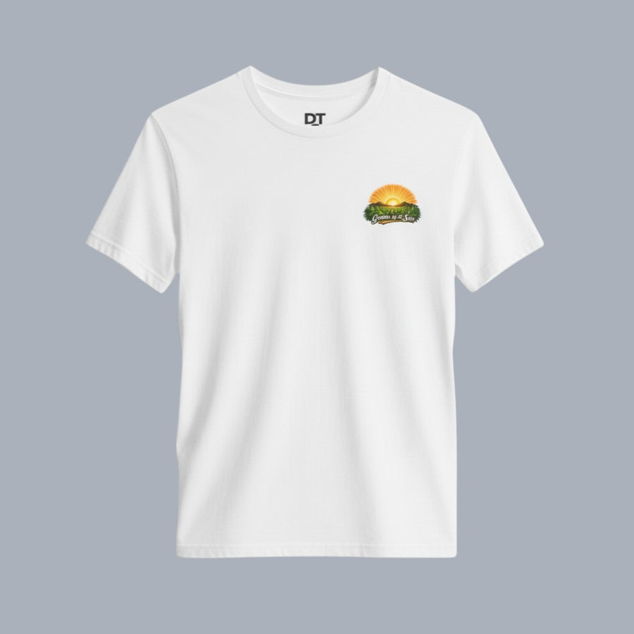 DailyThreadCo. white 100% Airlume cotton t-shirt with a vintage sunrise farming graphic on the back and chest.