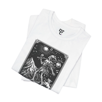 DailyThreadCo. white 100% cotton t-shirt with 'The Fool' tarot card graphic in black and white, featuring a skeleton figure, mountain, and celestial elements.