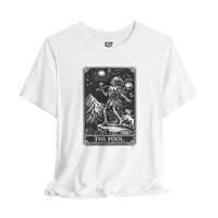 DailyThreadCo. white 100% cotton t-shirt with 'The Fool' tarot card graphic print on the front.