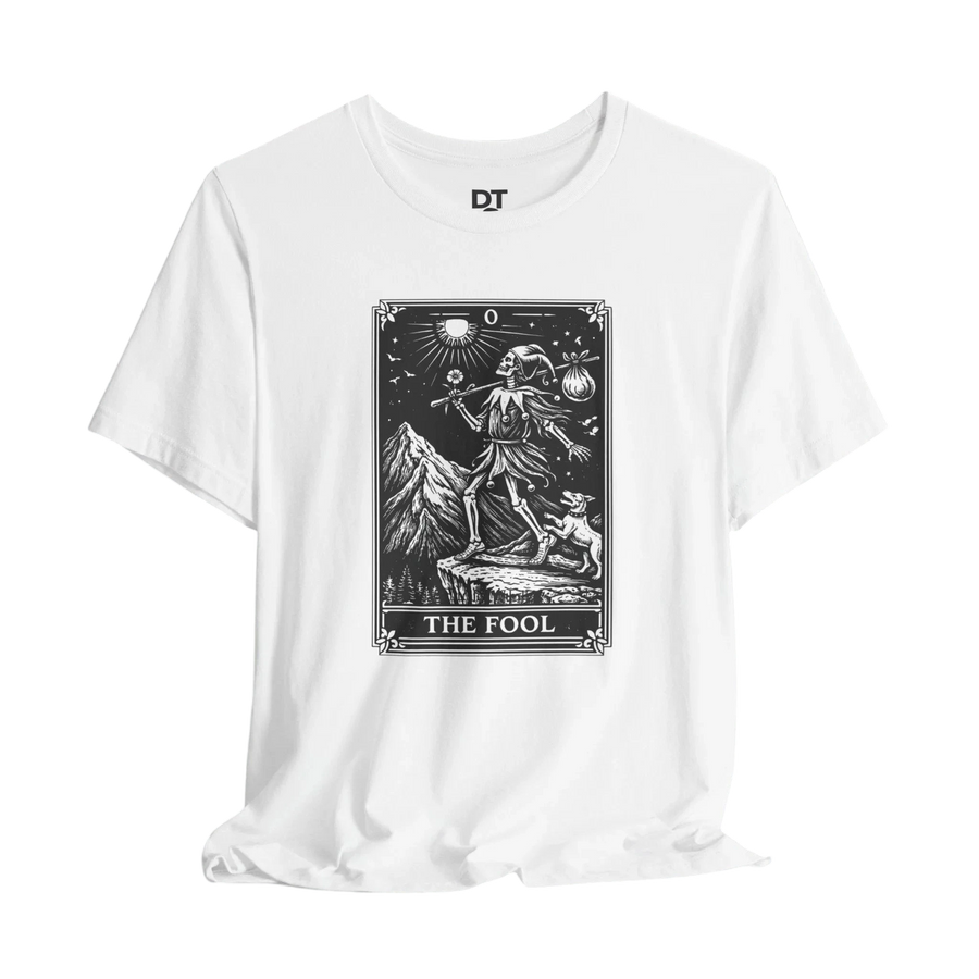 DailyThreadCo. white 100% cotton t-shirt with 'The Fool' tarot card graphic print on the front.