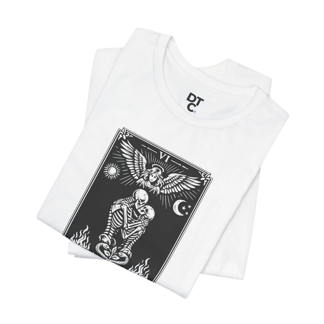 DailyThreadCo. white 100% cotton t-shirt with black 'The Lovers' tarot card graphic. Features skeleton couple, angel, sun, moon, and flames.