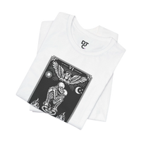 DailyThreadCo. white 100% cotton t-shirt with black 'The Lovers' tarot card graphic. Features skeleton couple, angel, sun, moon, and flames.