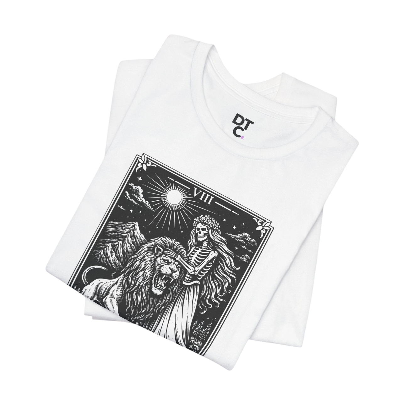 DailyThreadCo. white 100% cotton t-shirt with vintage Strength tarot card illustration of a skeleton woman and lion.