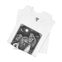 DailyThreadCo. white 100% cotton t-shirt with vintage Strength tarot card illustration of a skeleton woman and lion.