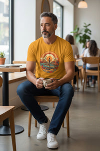 DailyThreadCo. yellow cotton t-shirt with a retro sunset graphic featuring a lone guitarist on a river, surrounded by mountains and clouds.