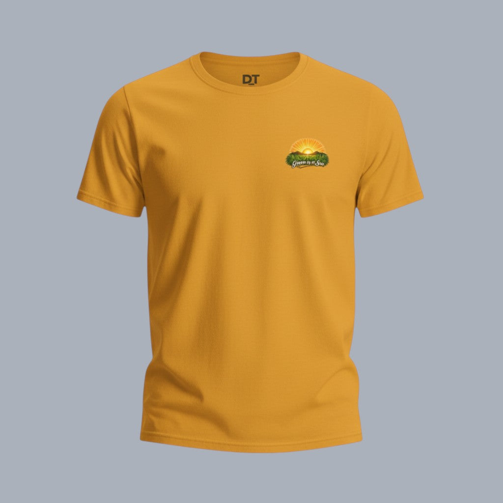 DailyThreadCo. yellow 100% Airlume cotton t-shirt with a sunrise farming graphic on the back and a small sunburst emblem on the chest.