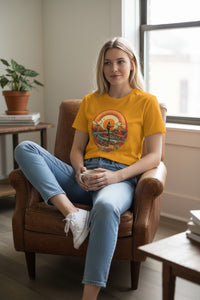 DailyThreadCo. yellow cotton t-shirt with a retro sunset graphic featuring a lone surfer and a rainbow.